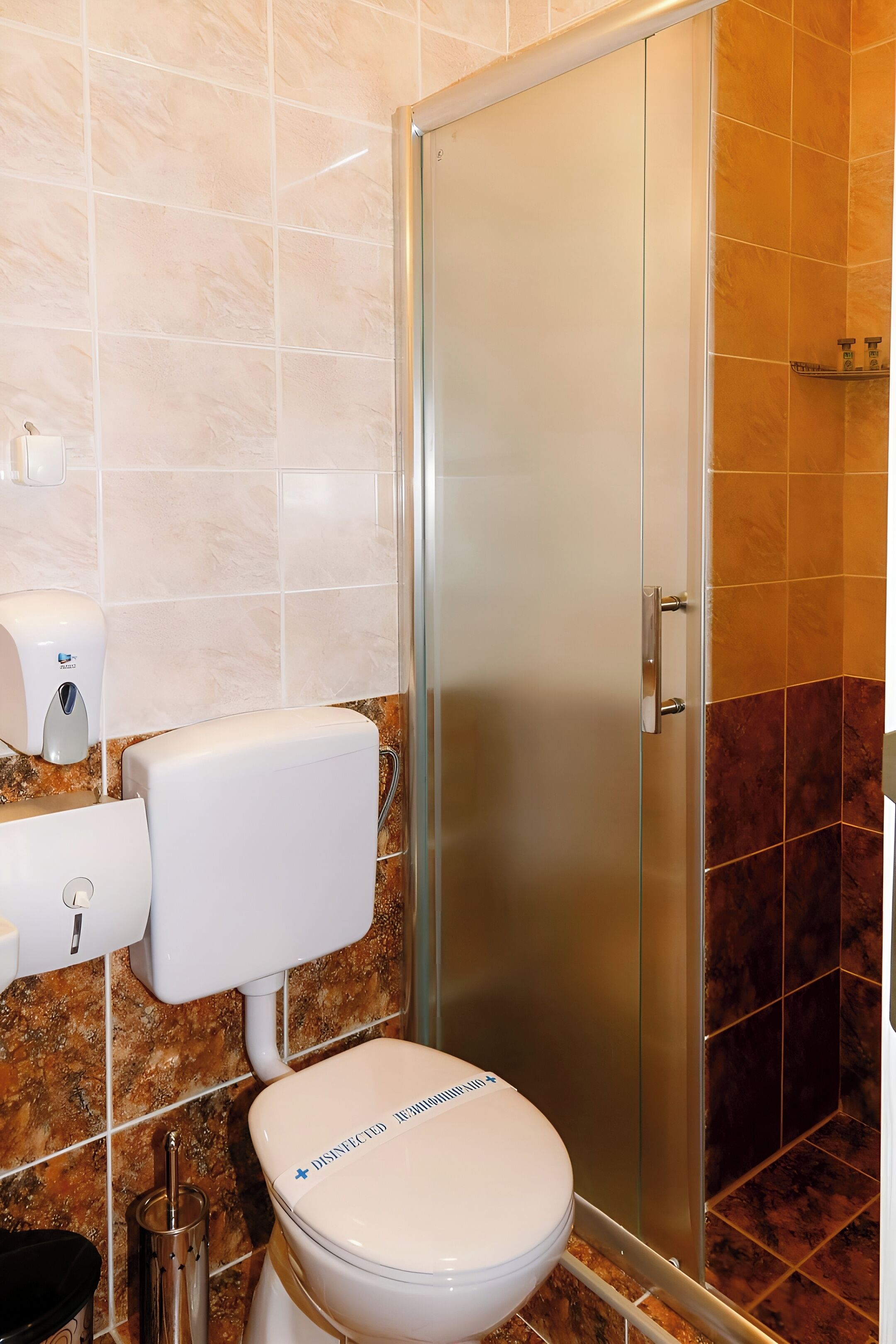 A bathroom with a toilet, a hand dryer, and a glass shower enclosure.