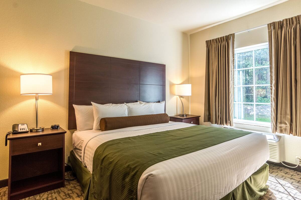 Une chambre d’hôtel avec un grand lit, deux tables de chevet avec des lampes, une fenêtre avec des rideaux et une vue sur la verdure.