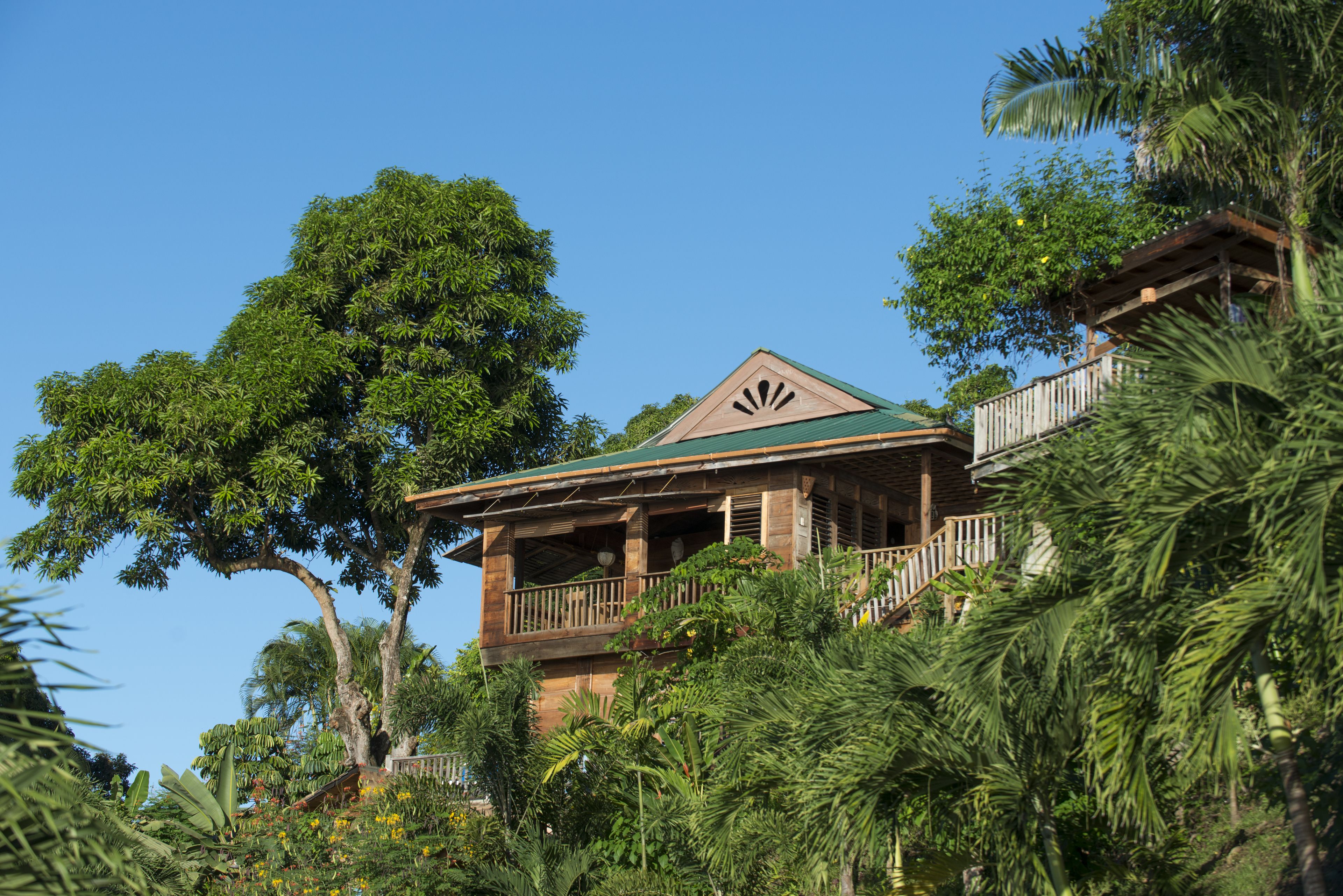 A wooden house with a balcony, surrounded by lush greenery and trees.