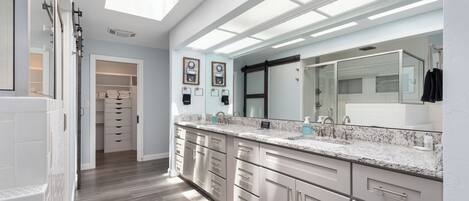 A modern bathroom with a skylight, a large mirror, and a walk-in closet.