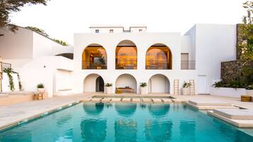 Indoor pool, outdoor pool, pool umbrellas, sun loungers