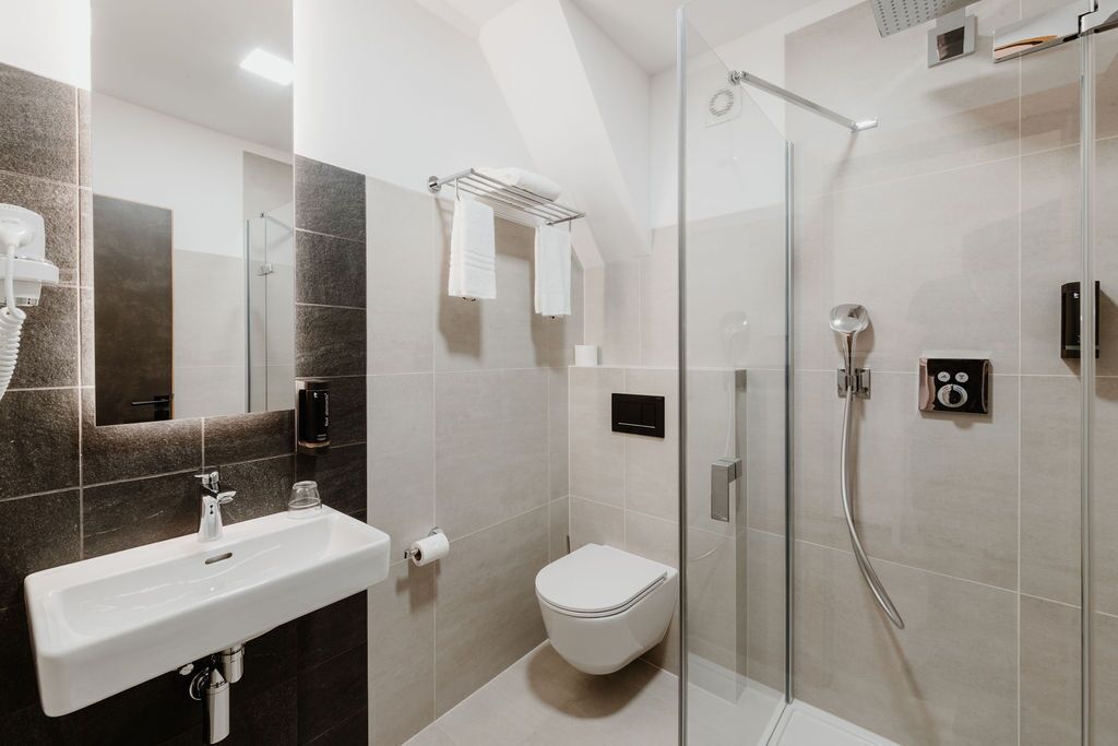 A modern bathroom with a glass-enclosed shower, a white sink, and a toilet.