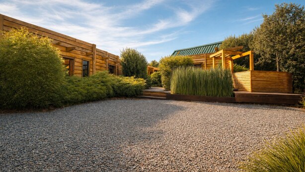A modern log cabin with a gravel driveway and a wooden deck. - Cabañas Pewma Futrono (Futrono)