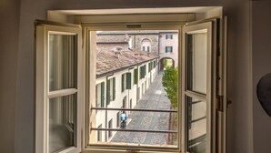Une fenêtre donnant sur une rue étroite, bordée d’immeubles et agrémentée d’un arbre.