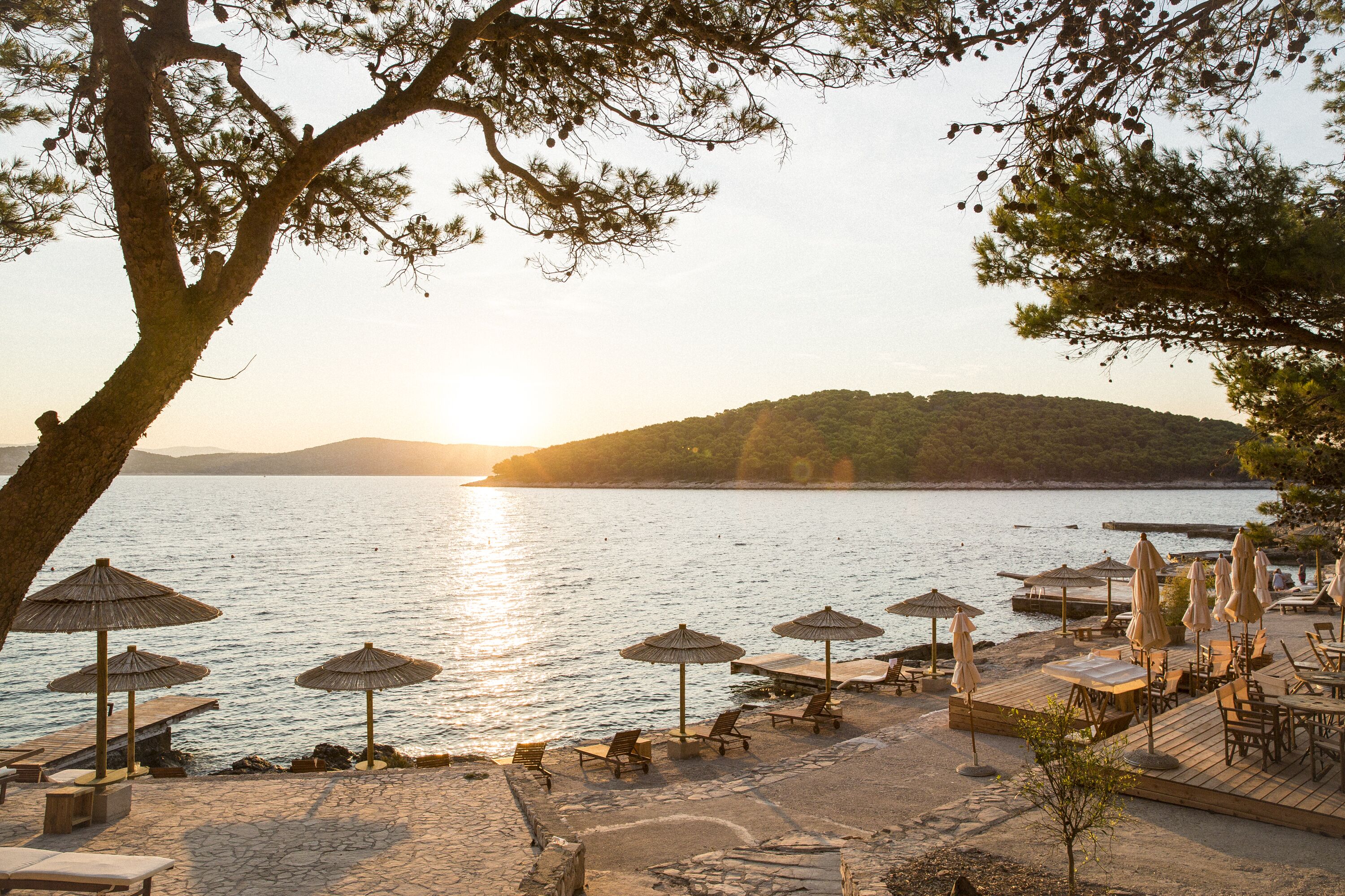 Sun loungers, beach umbrellas, beach towels, beach yoga