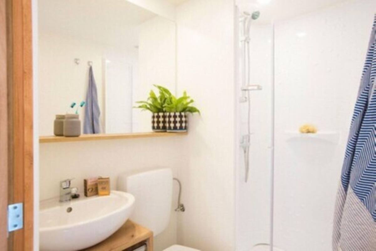 A modern bathroom with a white sink, mirror, and shower. There is a small plant on the shelf above the sink and a towel hanging on the wall.