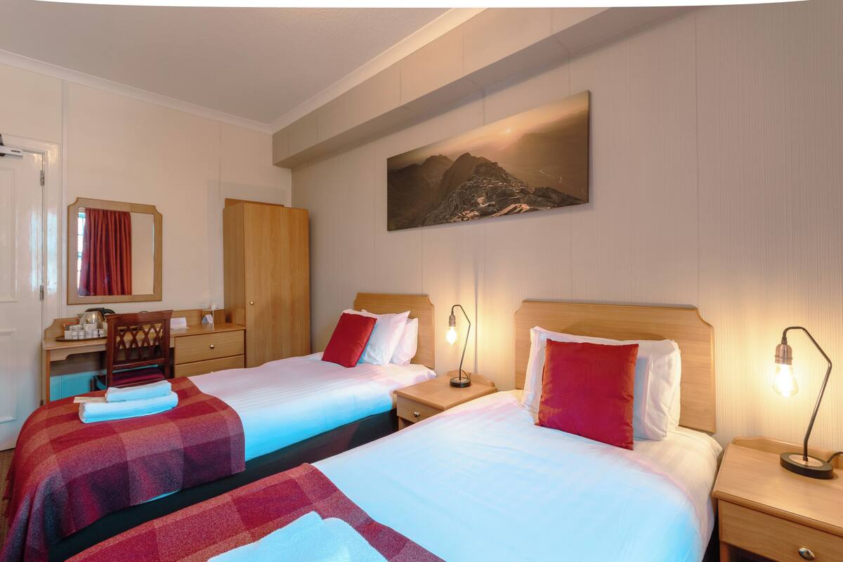Een hotelkamer met twee bedden, een bureau, een kledingkast en een schilderij aan de muur.