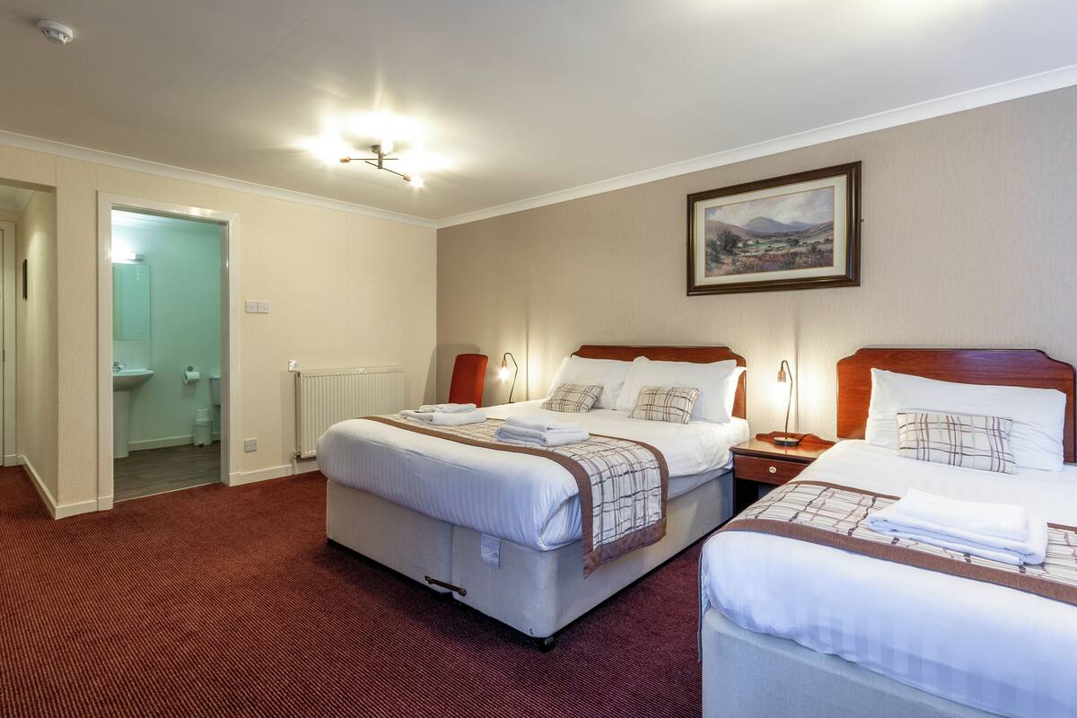 Een hotelkamer met twee bedden, een schilderij aan de muur en een radiator.