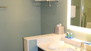 A bathroom with a white sink, a mirror, and a towel rack.