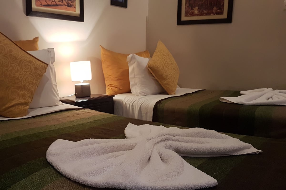 A hotel room with two beds, each with a patterned bedspread, pillows, and a blanket. There is a nightstand with a lamp and a framed picture on the wall.