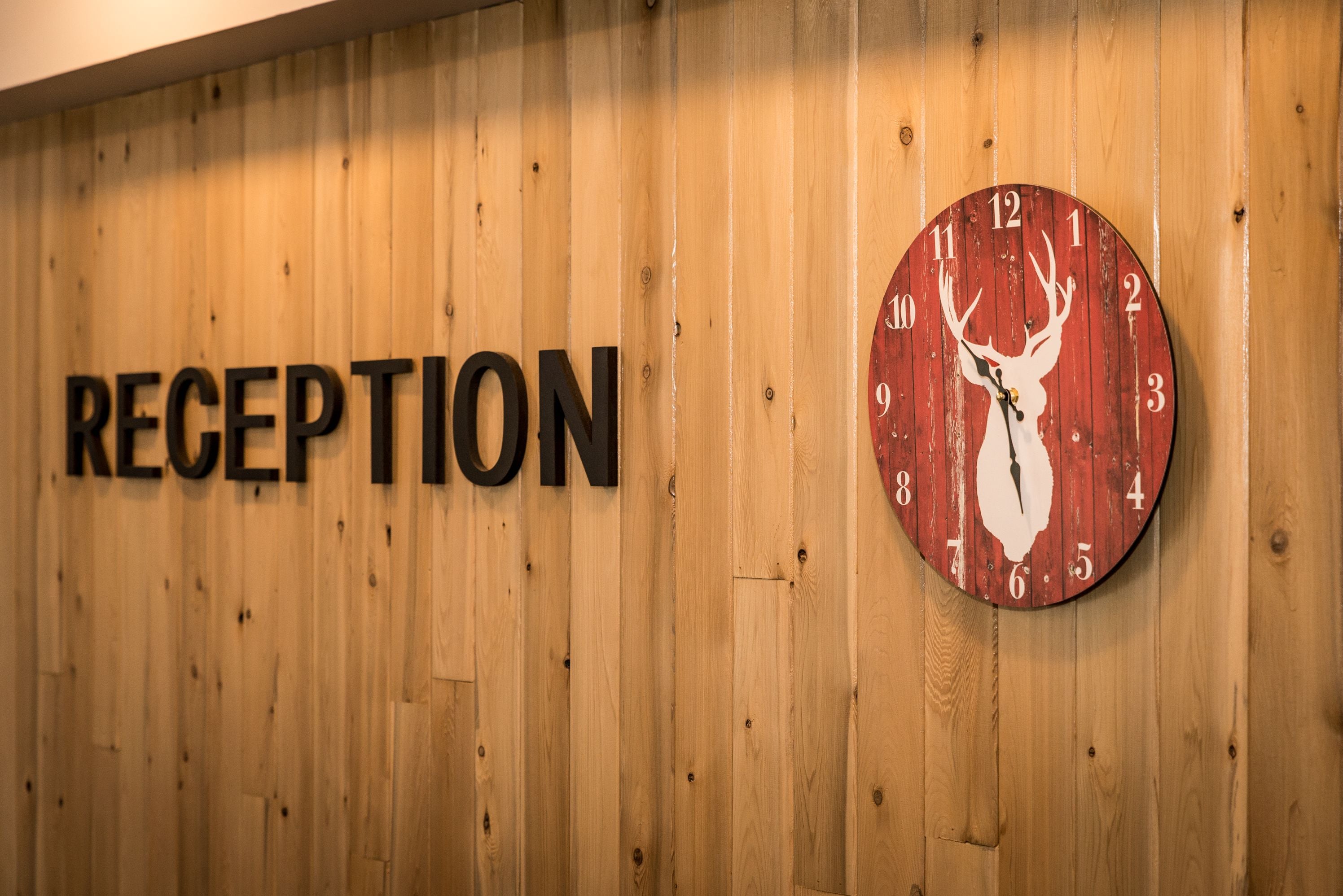 A wooden wall with the word "RECEPTION" and a clock with a deer silhouette.