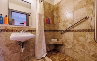 A bathroom with a sink, mirror, shower, and handrails.