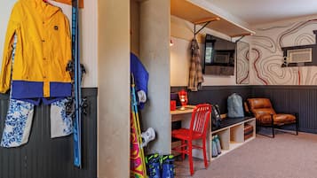 Premium bedding, desk, laptop workspace, blackout curtains