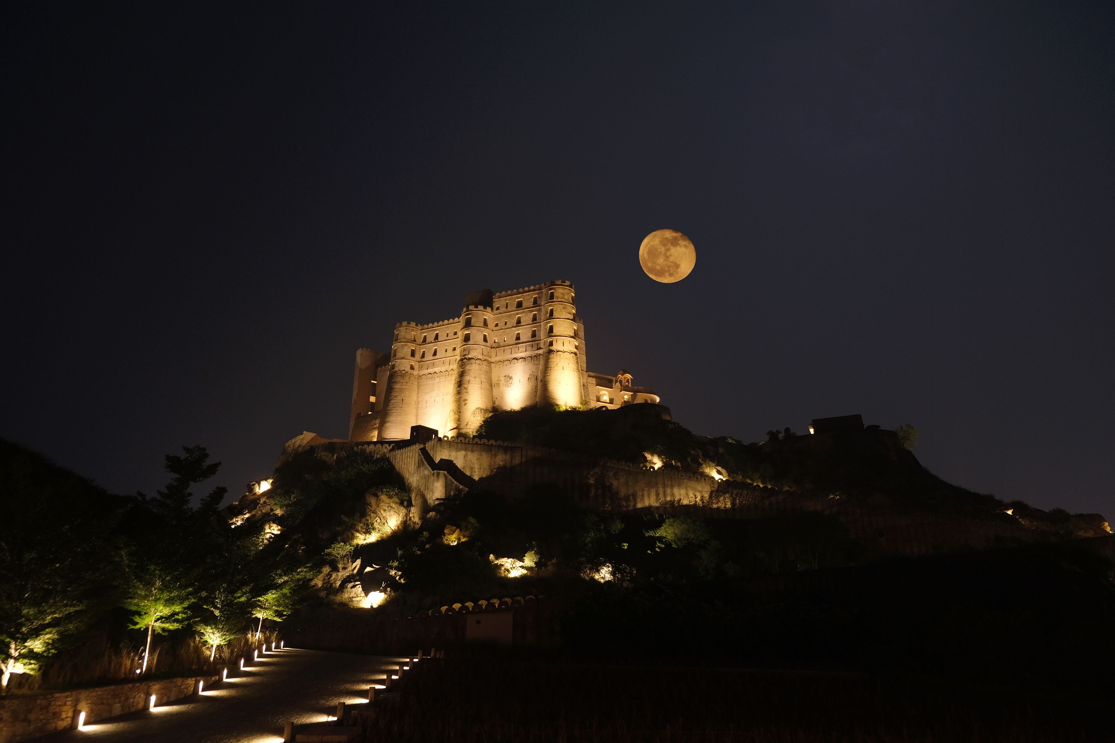 A castle-like structure with a moon in the sky, surrounded by trees and a pathway leading up to it.