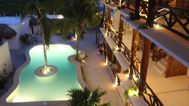 Un área de piscina con borde curvo, rodeada de palmeras y una terraza de madera con barandillas.
