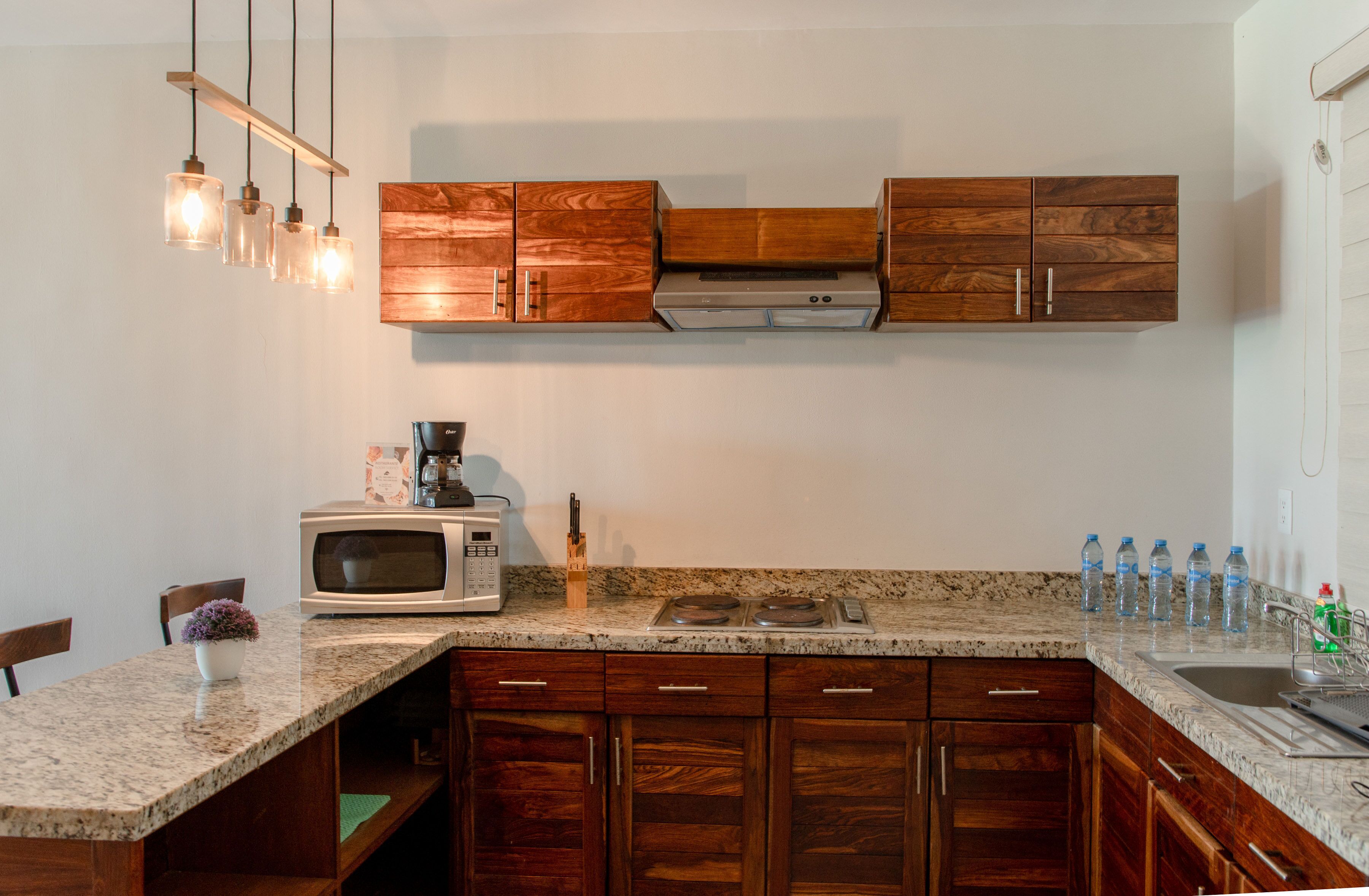 Une cuisine avec des meubles de rangement en bois, un four à micro-ondes, une cuisinière à gaz et un évier.