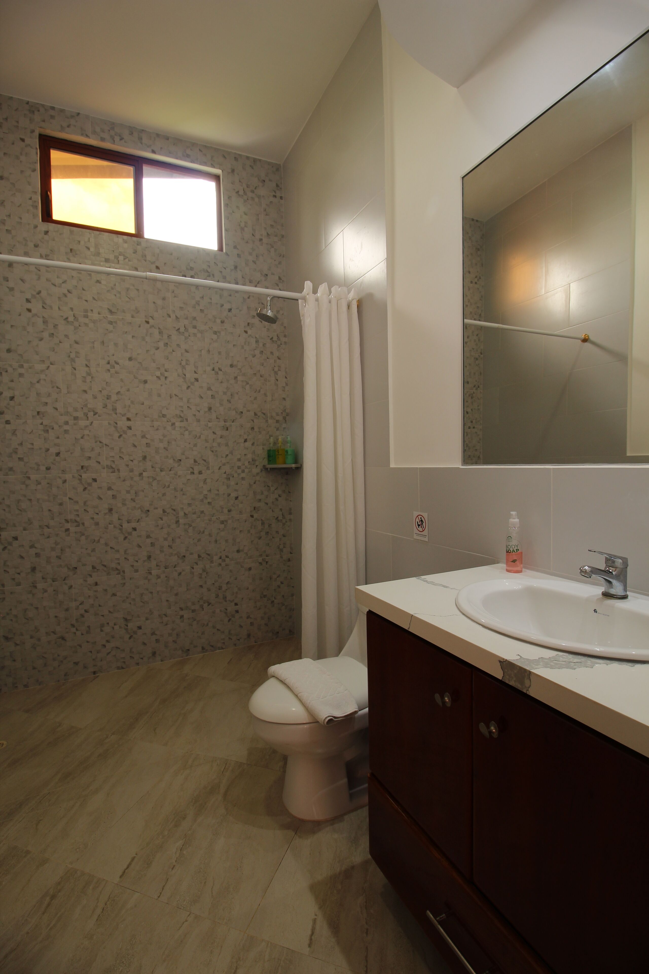 Een badkamer met douche, toilet, wastafel en een grote spiegel.