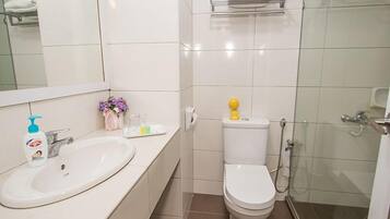 Shower, free toiletries, hair dryer, towels