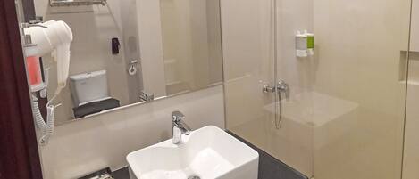 A modern bathroom with a glass-enclosed shower, a white sink, and a large mirror.
