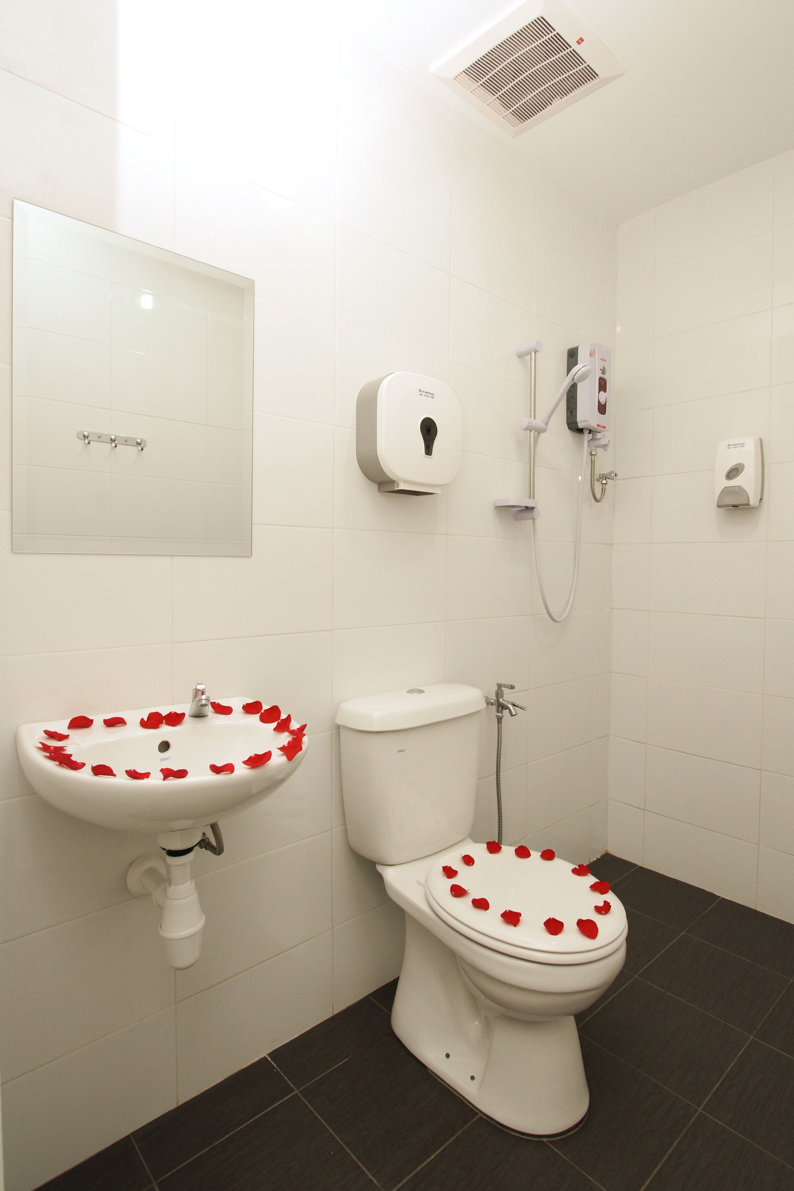 Shower, free toiletries, hair dryer, towels