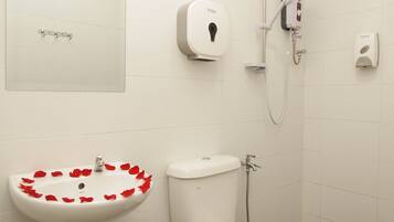 Shower, free toiletries, hair dryer, towels
