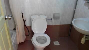 Shower, free toiletries, slippers, towels