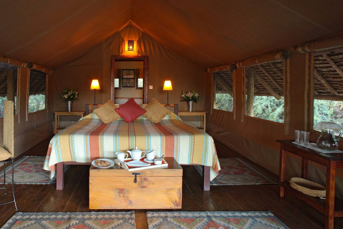 Une pièce aménagée avec une tente, un lit, une table de chevet, une chaise et une petite table avec une lampe.