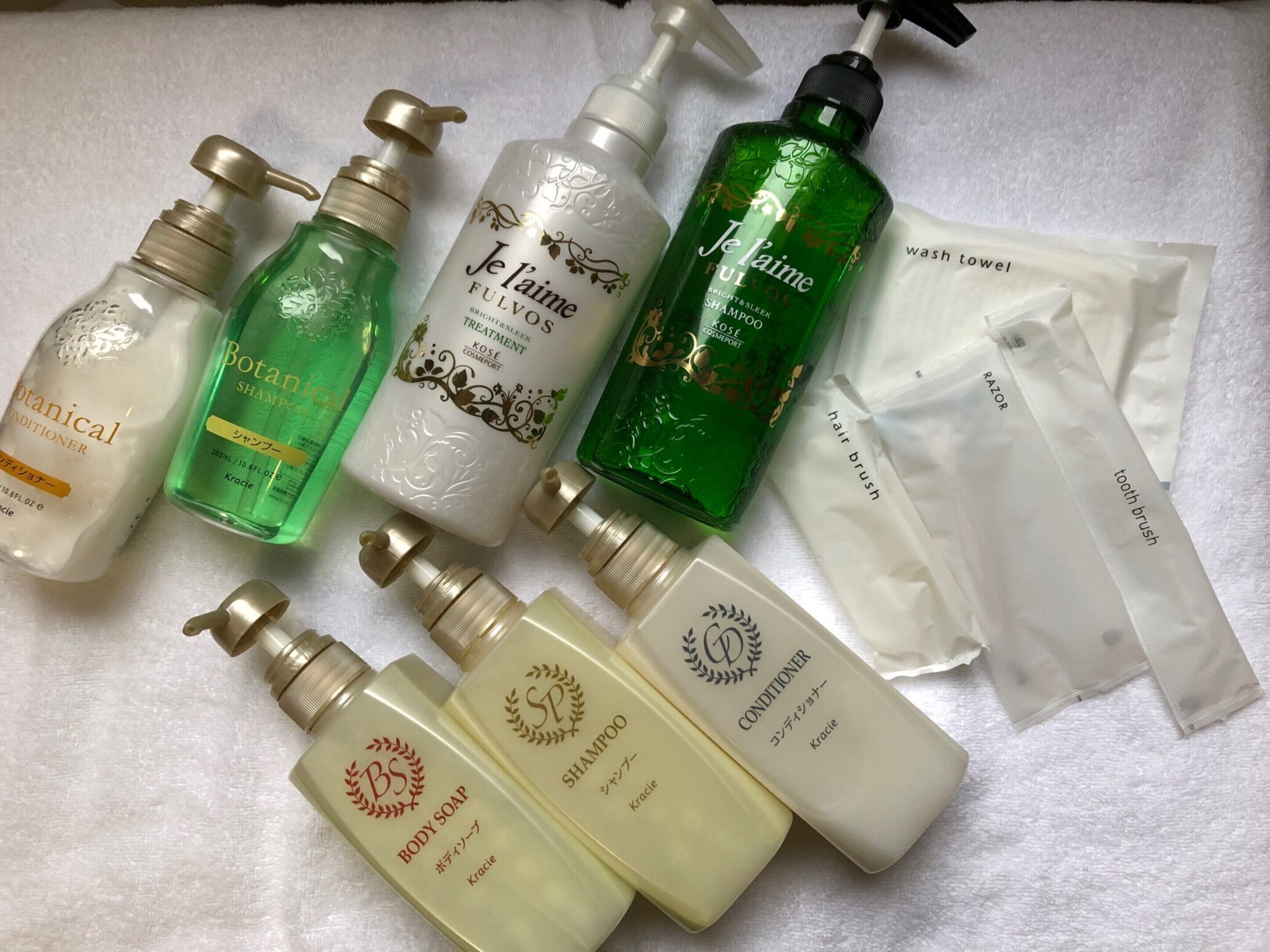 Various personal care products including shampoos, conditioners, and body soap.