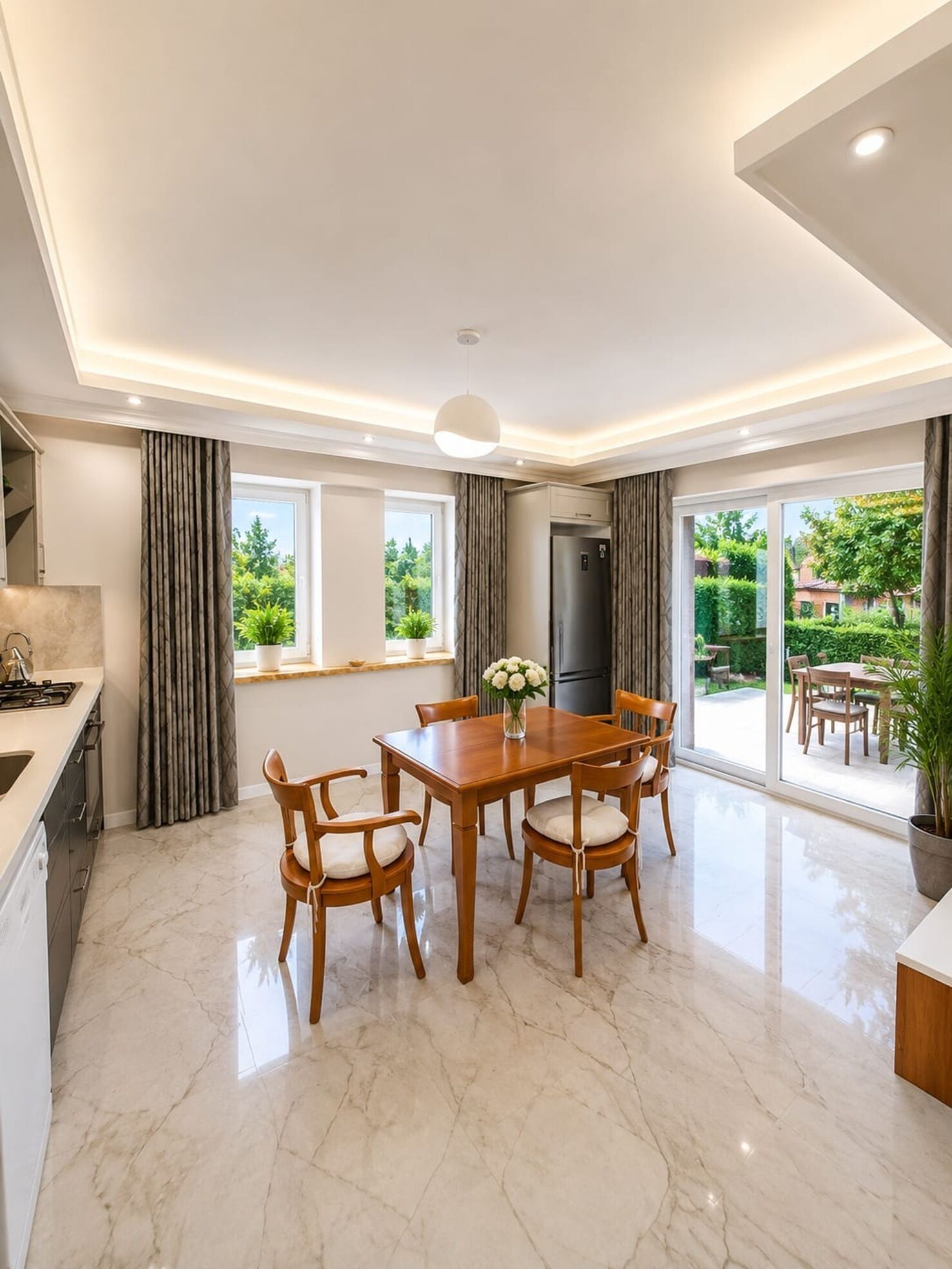 A modern kitchen with a dining area, large windows, and a view of greenery.