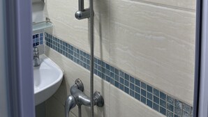 Une salle de bain avec une douche, un lavabo et un miroir.