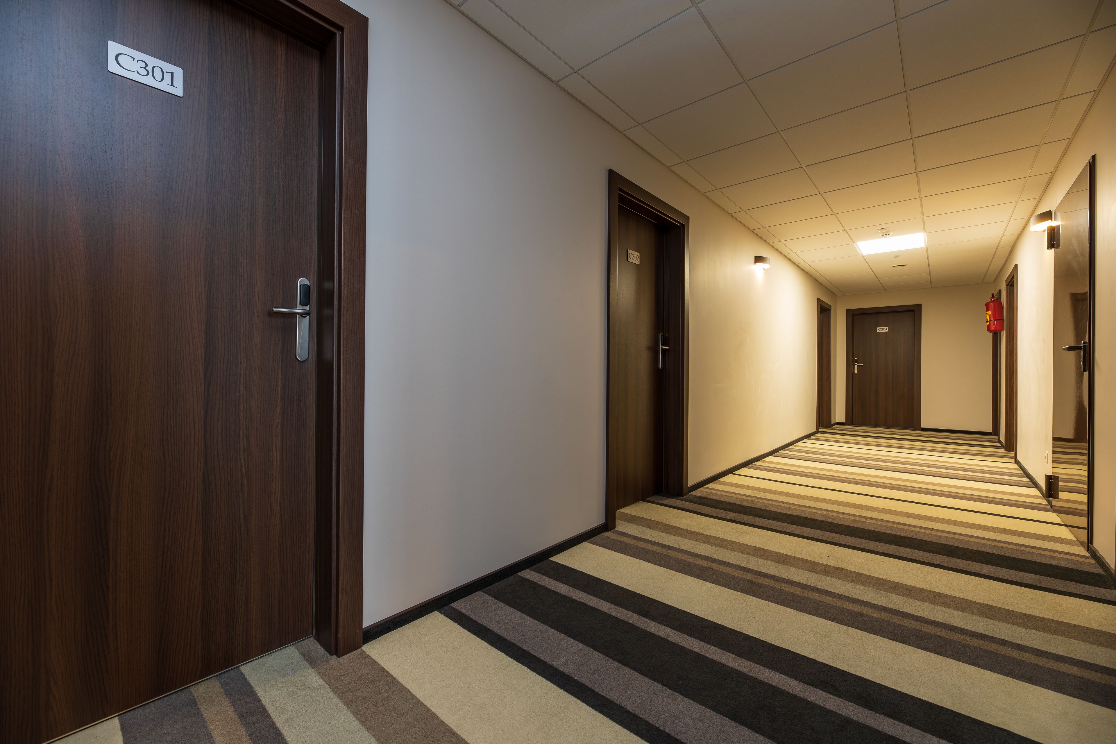 A hotel corridor with a striped carpet, wooden doors, and a ceiling with recessed lighting.