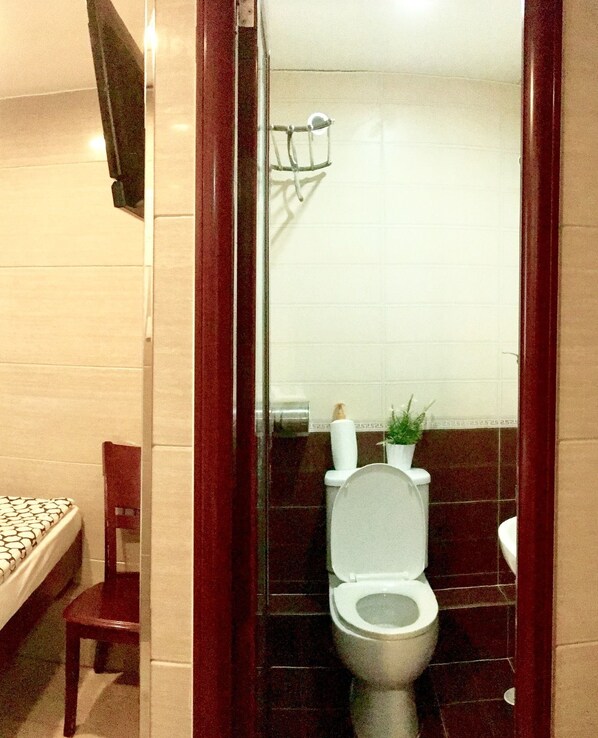 A small bathroom with a toilet, a shower, and a sink. There is a chair and a bed in the adjacent room.