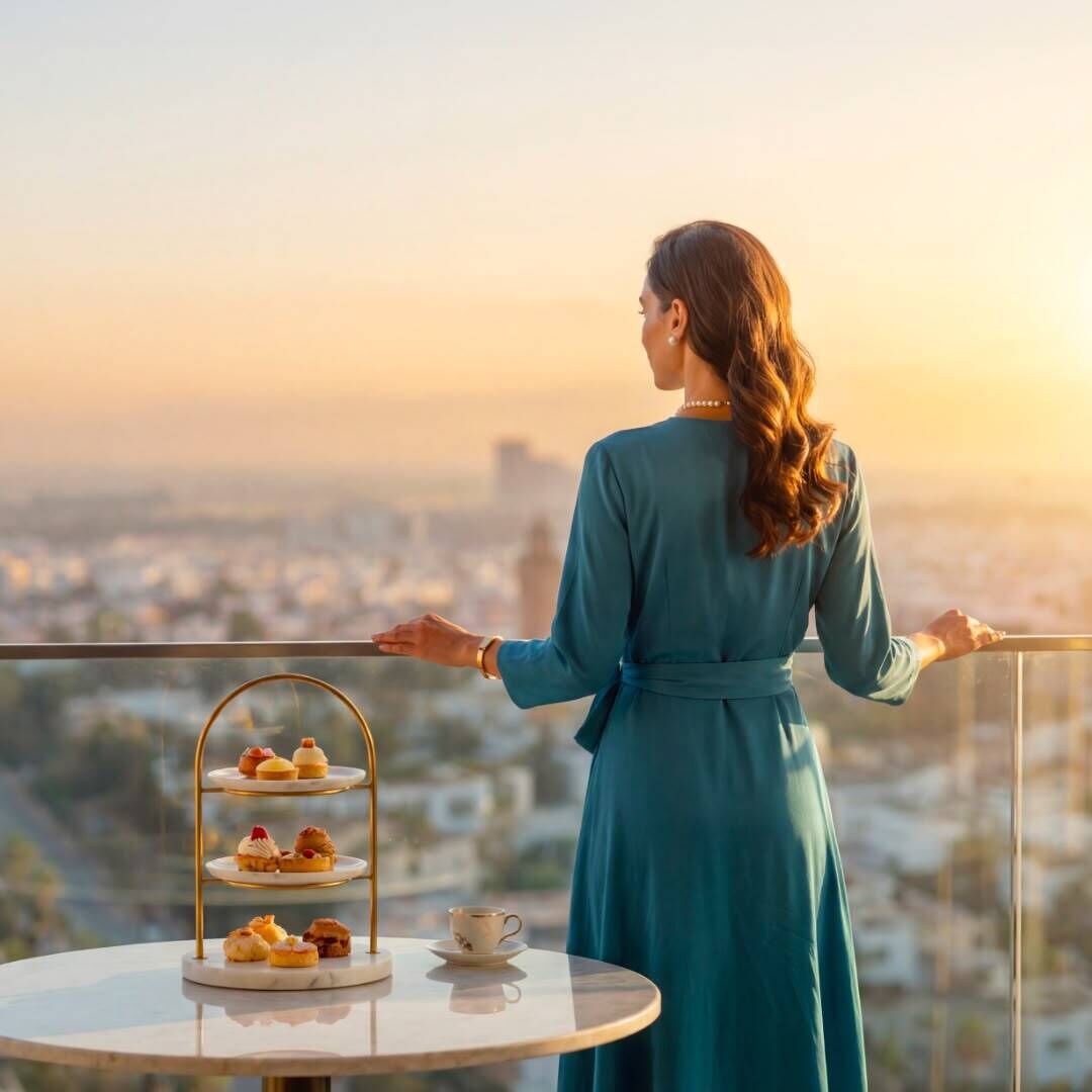 Una persona está de pie en un balcón con vistas a una ciudad, con un soporte escalonado para postres y una taza sobre una mesa.