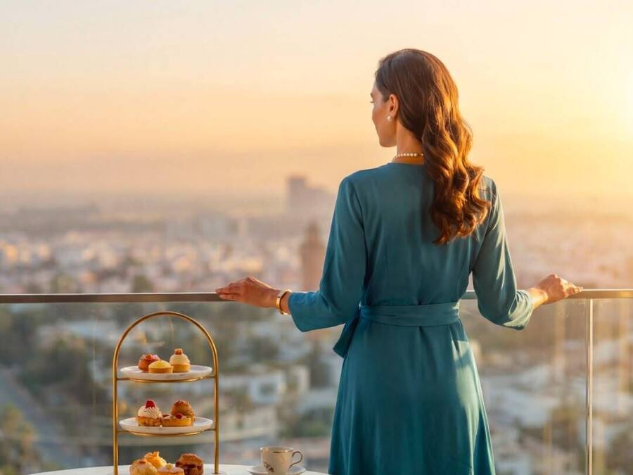 A person standing on a balcony overlooking a cityscape, with a tiered dessert stand and a cup on a table.