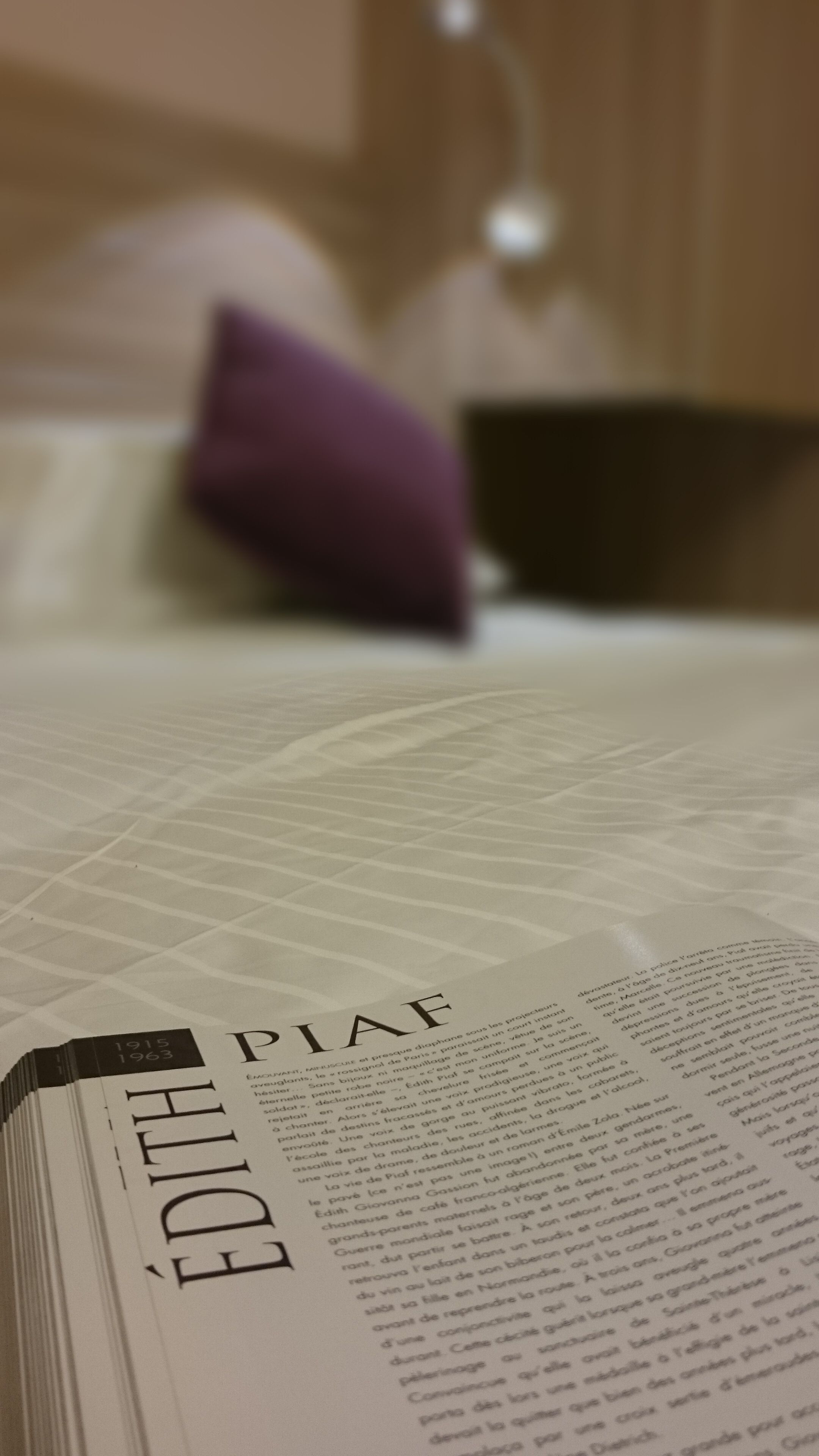 Een boek open op een bed, met een kussen op de achtergrond.