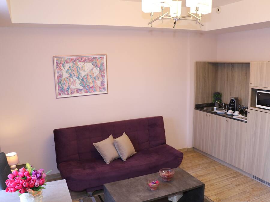 A compact living space with a purple sofa, a small table, and a kitchen area with a microwave.