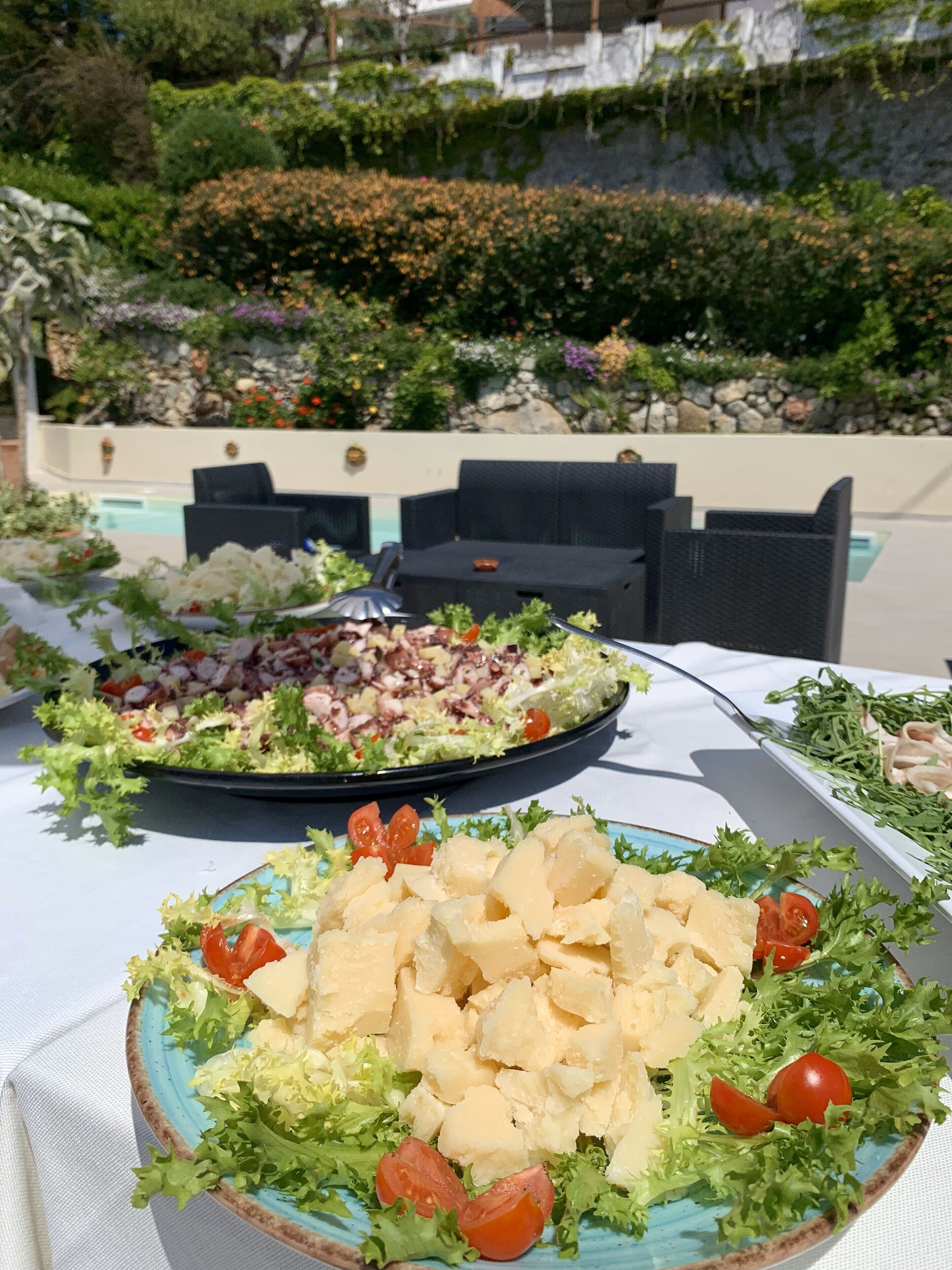 A table with a salad and cheese platter, outdoor seating, and a garden view.