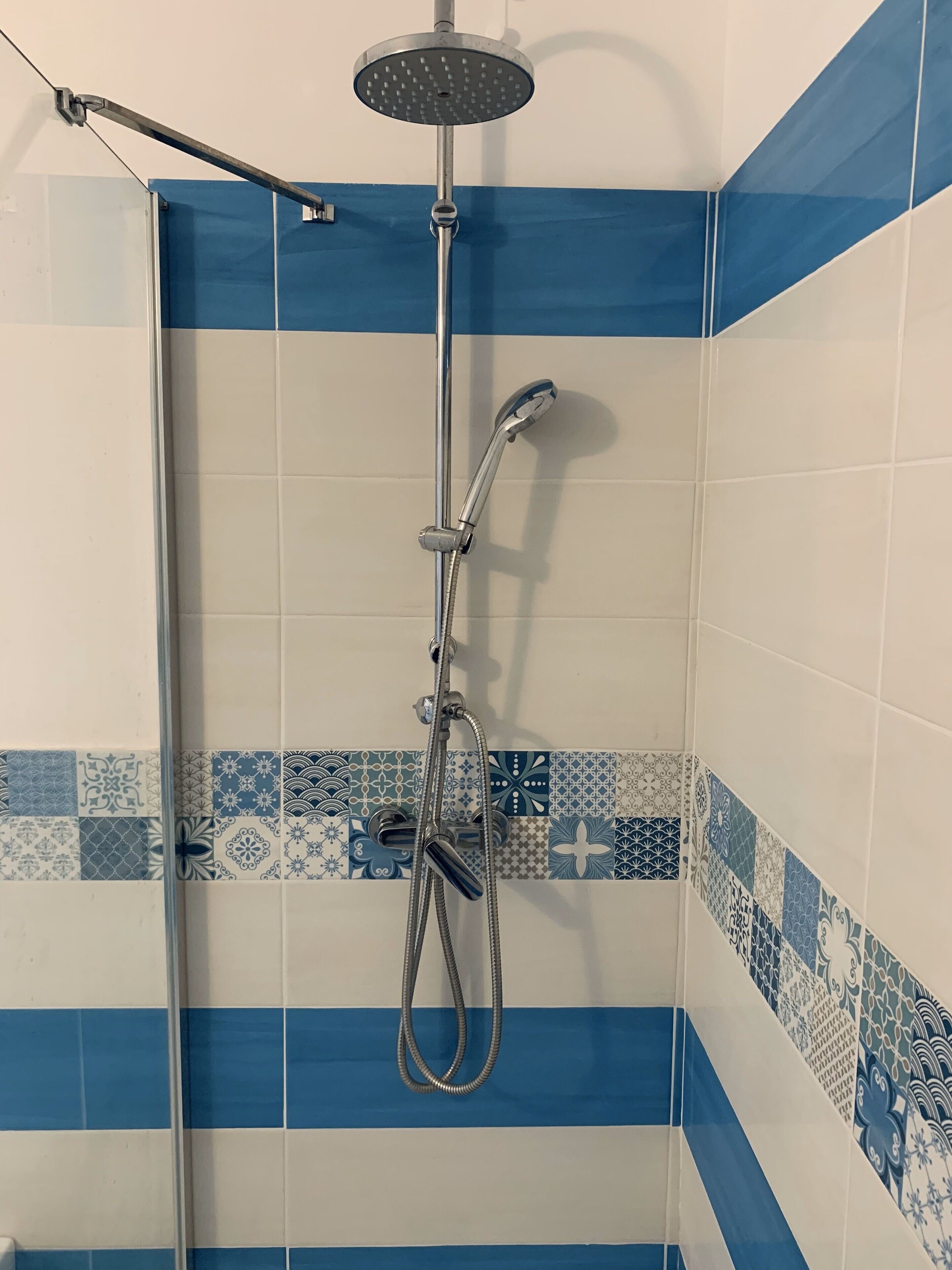 Een douche met een handdouche en een vaste douchekop, omringd door blauw-wit betegelde wanden.