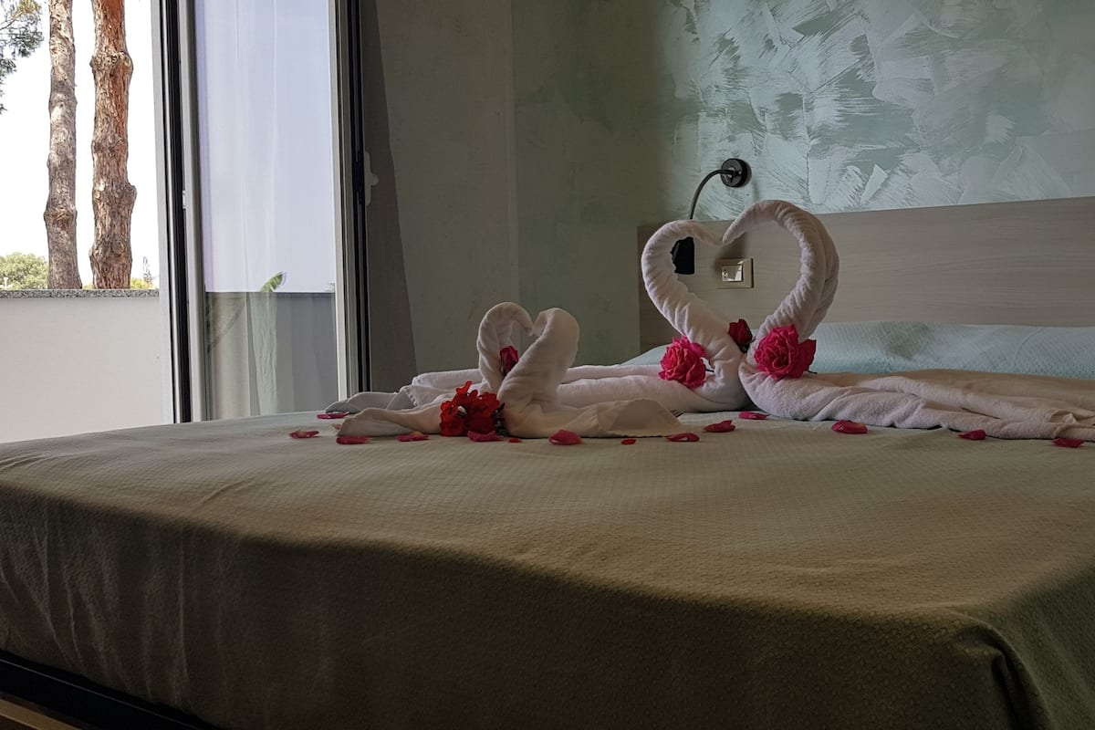 A bed with a heart-shaped towel arrangement and rose petals, a window with curtains, and a plain wall.