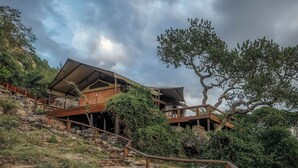 A modern building with a sloped roof, wooden deck, and a large tree in the foreground. - Elewana Serengeti Migration Camp (Serengeti)