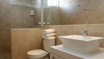 Shower, free toiletries, hair dryer, towels