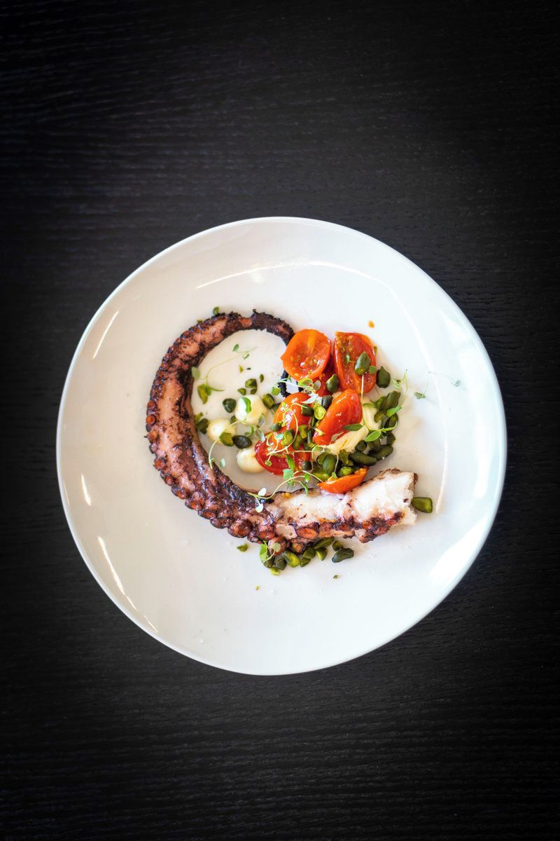 A white plate with octopus, cherry tomatoes, and green herbs on a dark surface.