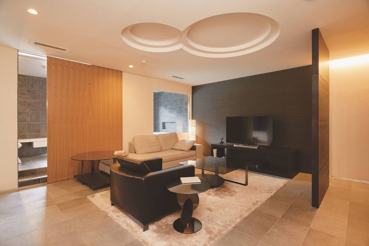 A modern living room with a sofa, coffee table, TV, and a wooden partition.