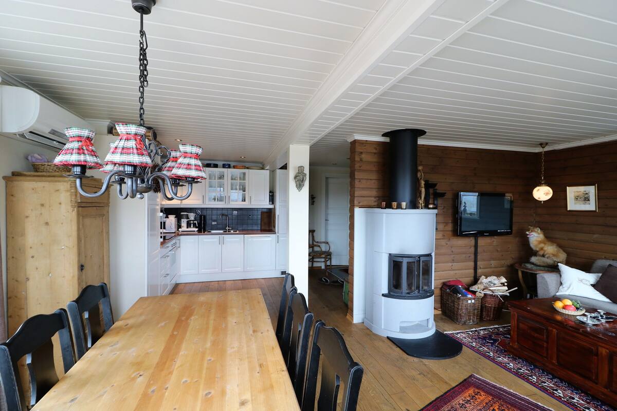 A spacious living area with a wooden dining table, a fireplace, and a television mounted on the wall.