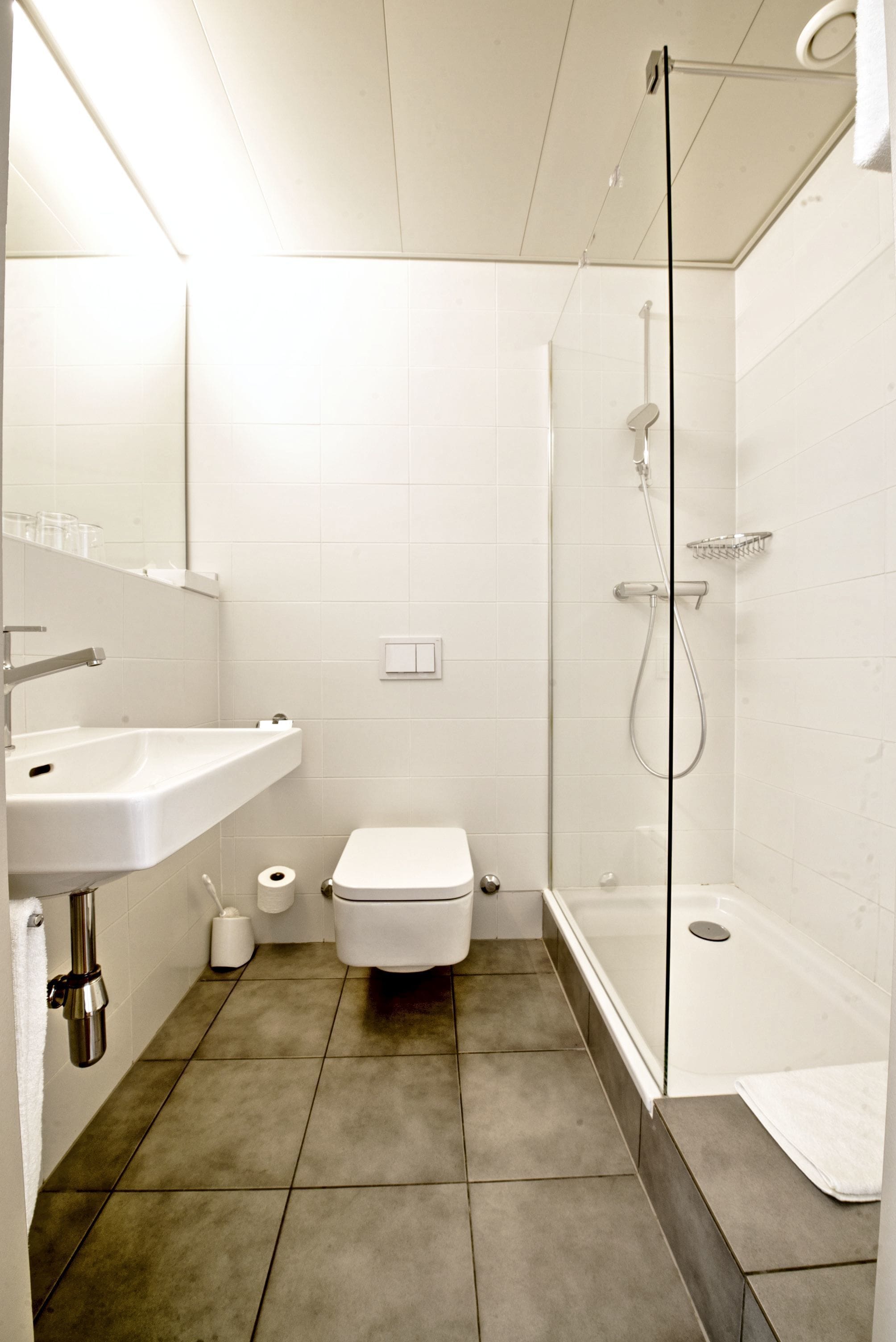 Ein modernes Badezimmer mit Dusche, Toilette und Waschbecken.