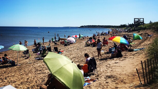 Una playa con gente tomando el sol y nadando, sombrillas y sillas de playa.
