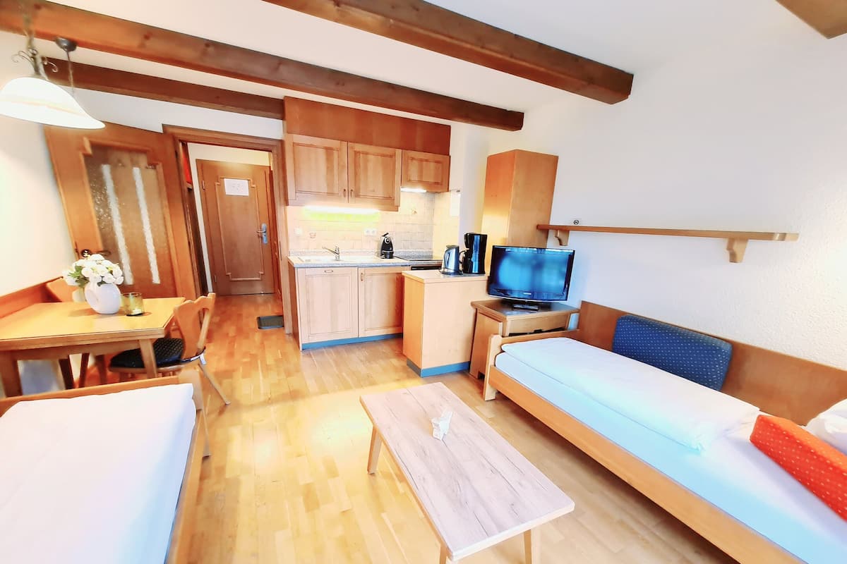 A compact room with a kitchenette, a bed, a small table, and a television.