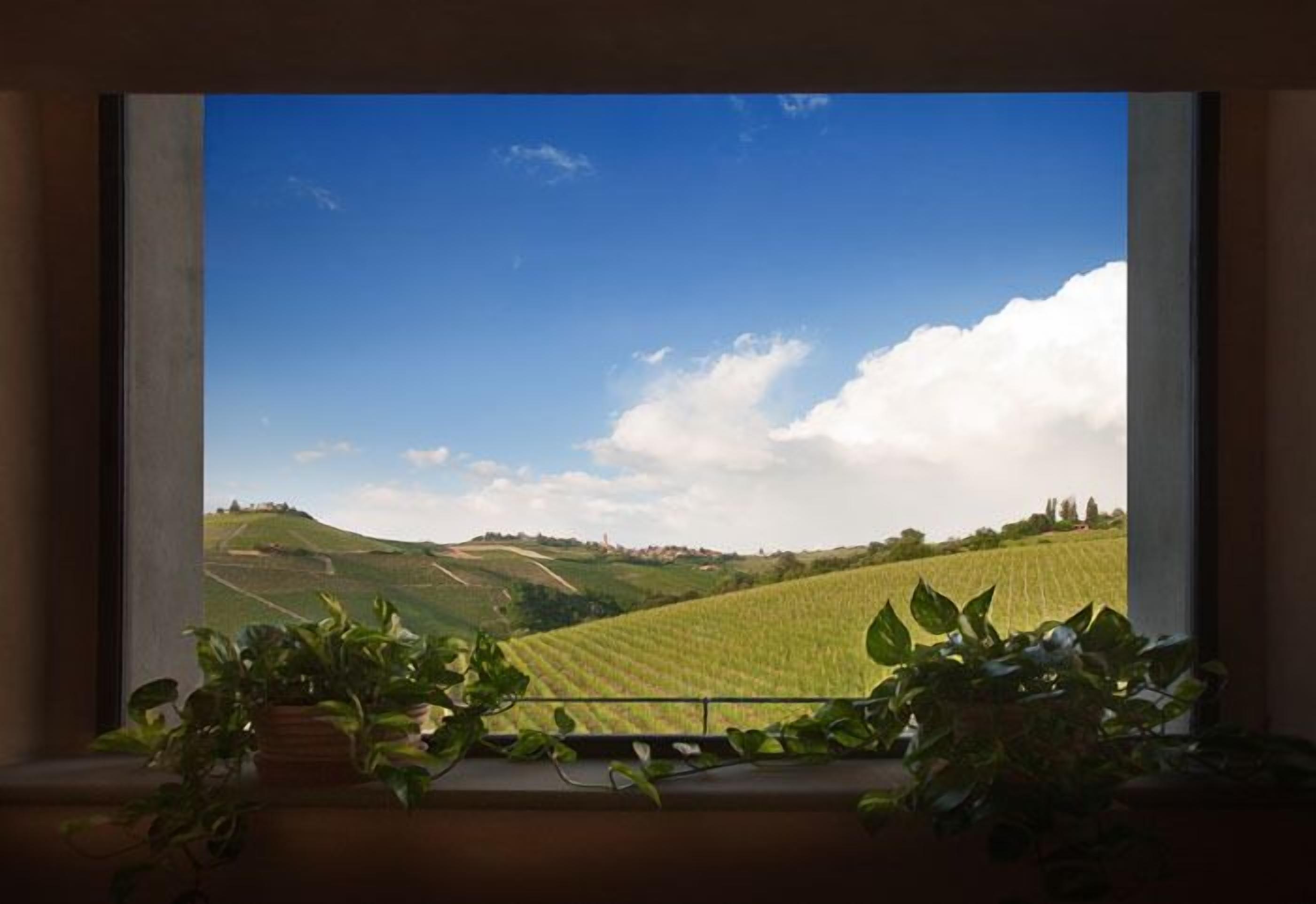 Vista desde una ventana: un campo verde con colinas onduladas y cielo despejado.