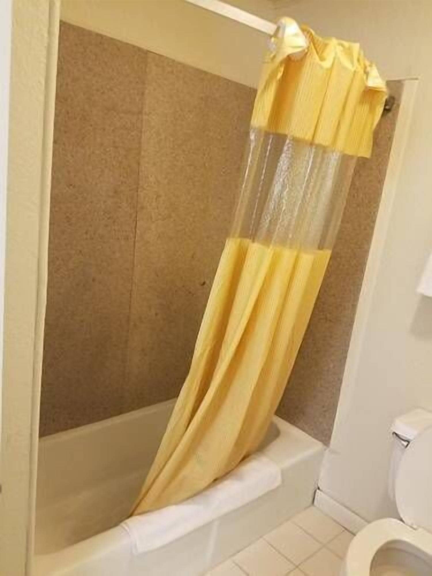 Une salle de bain avec une baignoire, des toilettes et un rideau de douche.