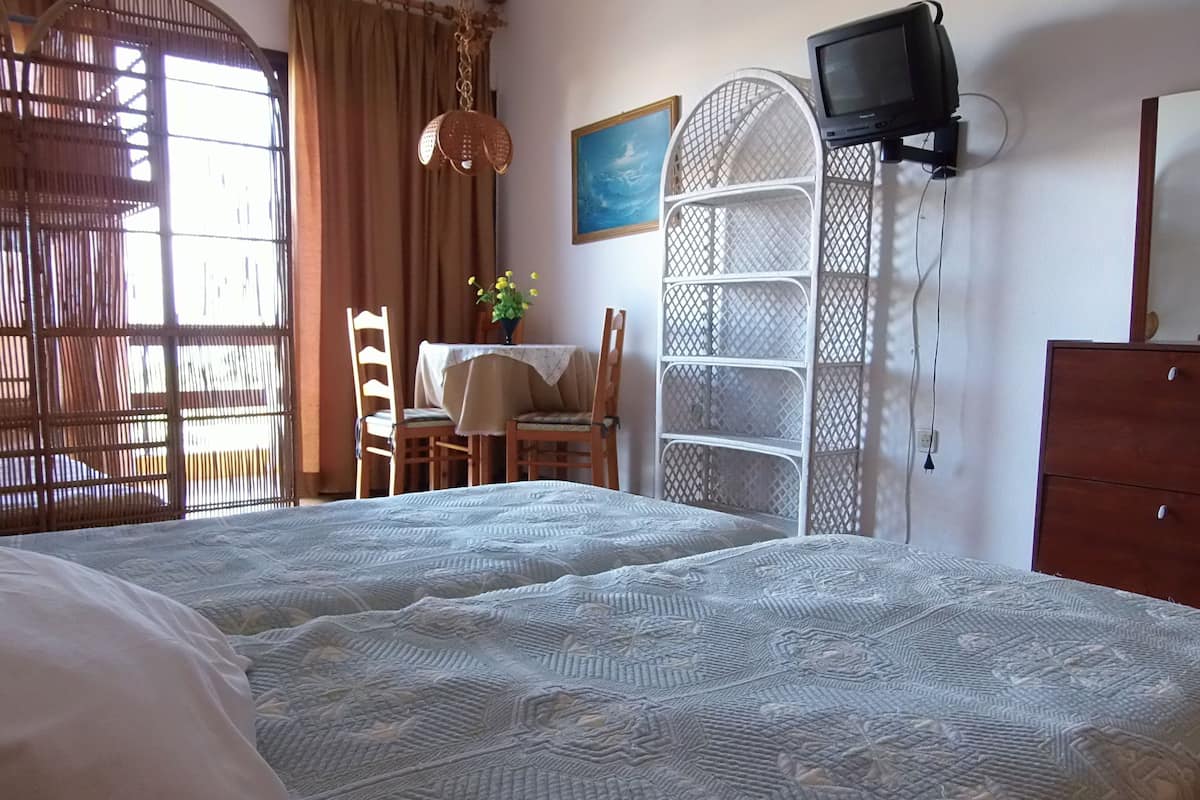 A bedroom with two beds, a desk with chairs, a TV, and a wardrobe.
